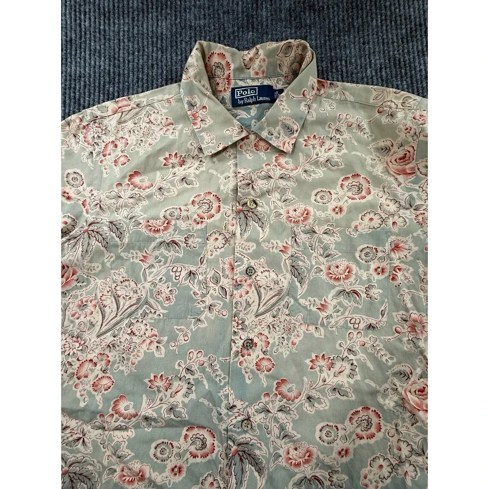 Polo Ralph Lauren Shirt Mens Medium Blue Floral Roses Short Sleeve Button Up VTG